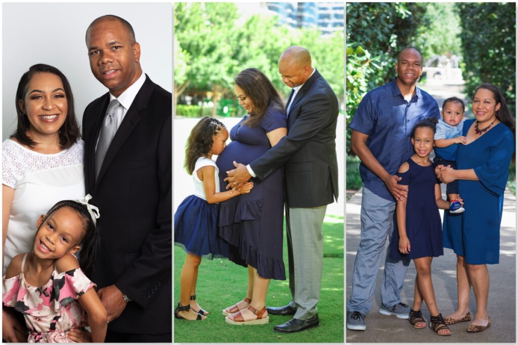 Family photo progression from one child, maternity photos, to a family of four